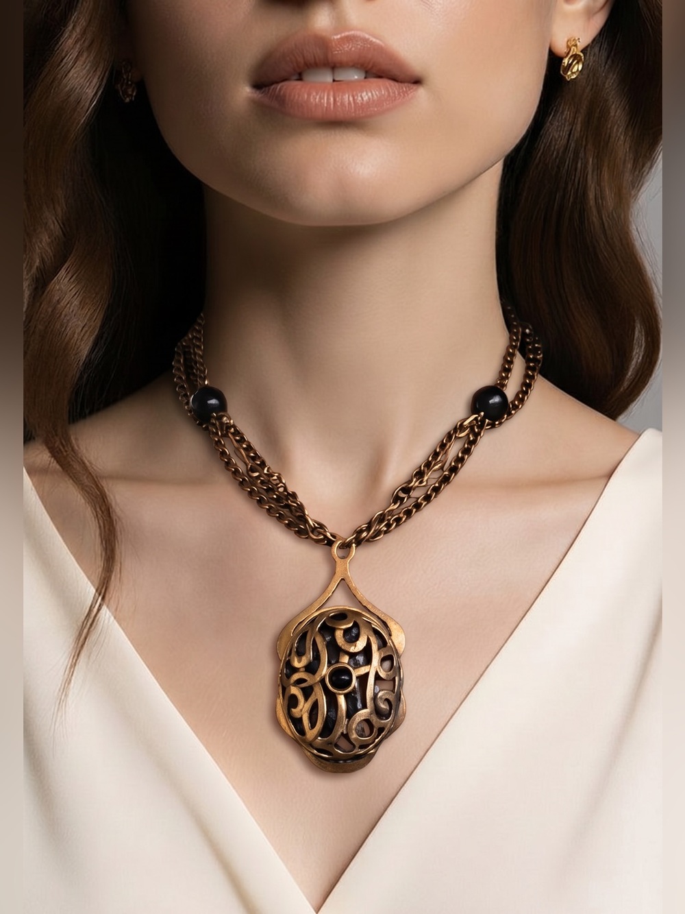 Jan Michaels San Francisco Brass & Black Stone Statement Pendant Necklace